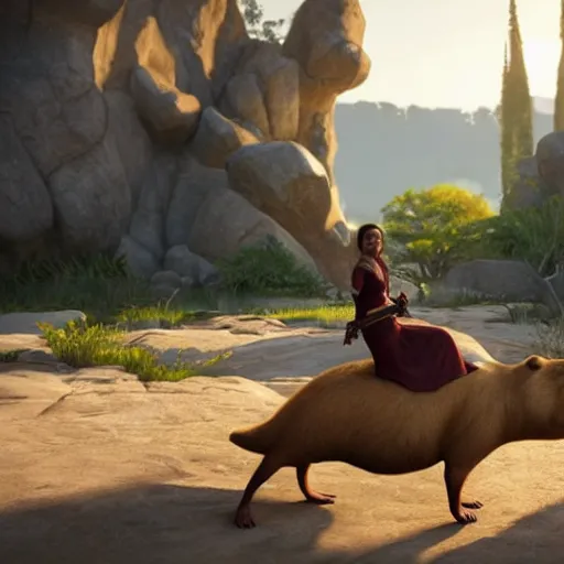 Image similar to female jedi riding a giant capybara into battle unreal 5, hyperrealistic, realistic, photorealistic, dynamic lighting