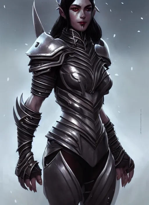 Image similar to full plate armor!!! beautiful and elegant dark hair female orc!! gorgeous ayes!! character concept art, sharp focus, octane render! unreal engine 5! highly rendered!! trending on artstation!! detailed linework!! illustration by artgerm, wlop, and chie yoshii