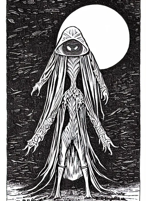 Image similar to the flatwoods monster as a d & d monster, full body, pen - and - ink illustration, etching, by russ nicholson, david a trampier, larry elmore, 1 9 8 1, hq scan, intricate details, inside stylized border