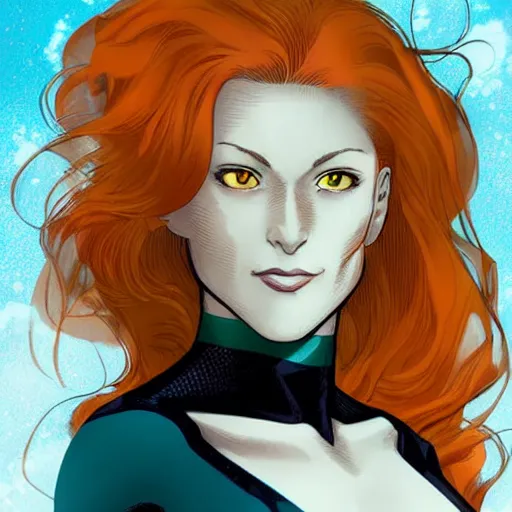 Image similar to portrait of jean grey, a beautiful woman in her 3 0 s, with red hair and green eyes, detailed face, beautiful face, delicate features, smooth, sharp focus, graphic novel, art by kazue kato and kore yamazaki and toni infante,