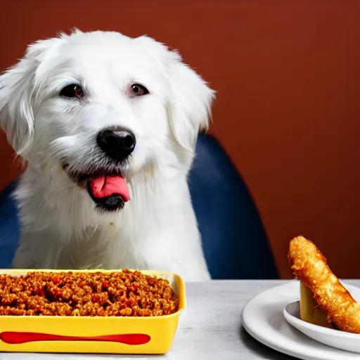 Prompt: photo of a white dog eating a chili dog with cheese, 50mm, beautiful photo