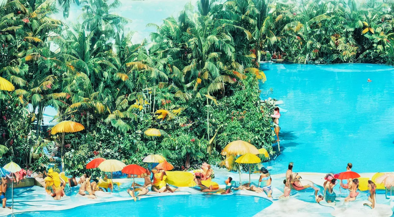 Image similar to a beautiful day at a tropical pool,colorised,photograph