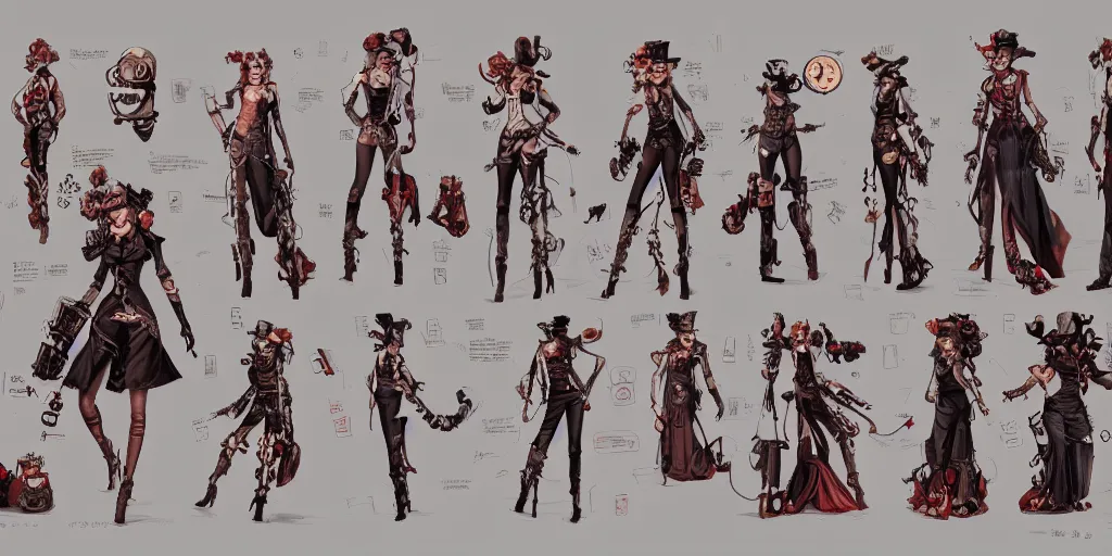 Image similar to steampunk harley quinn, character sheet, concept design, contrast, kim jung gi, greg rutkowski, zabrocki, karlkka, jayison devadas, trending on artstation, 8 k, ultra wide angle, pincushion lens effect