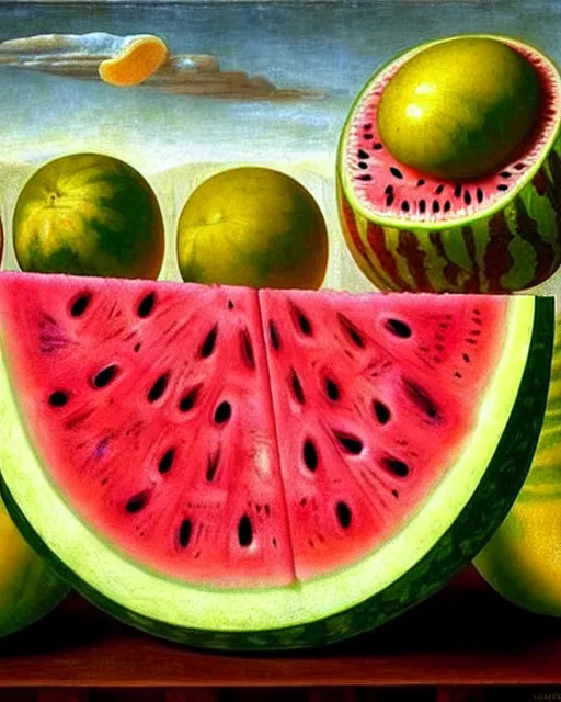 Image similar to interdimensional watermelon being made out of fruits, ethereal still life renaissance painting by giuseppe arcimboldo and alex grey