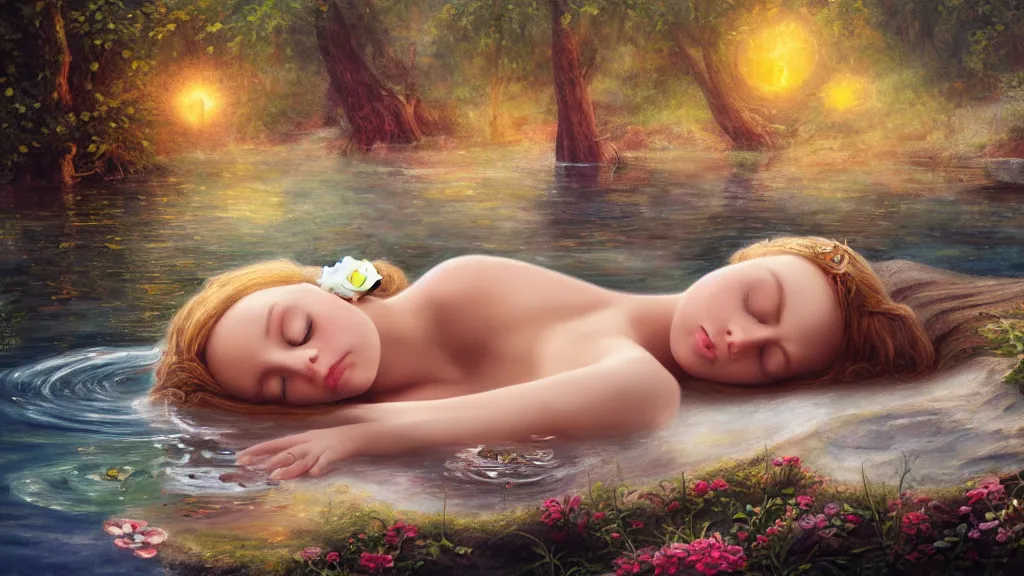 Prompt: prompt: one beautiful girl sleeping in the lake with shining face in high detailed 3d octane render, detailed realistic face, Ophelia painting inspired, intricate detailed oil painting, alchemical artifacts and hieroglyphs, magical items, gnarly paint marks