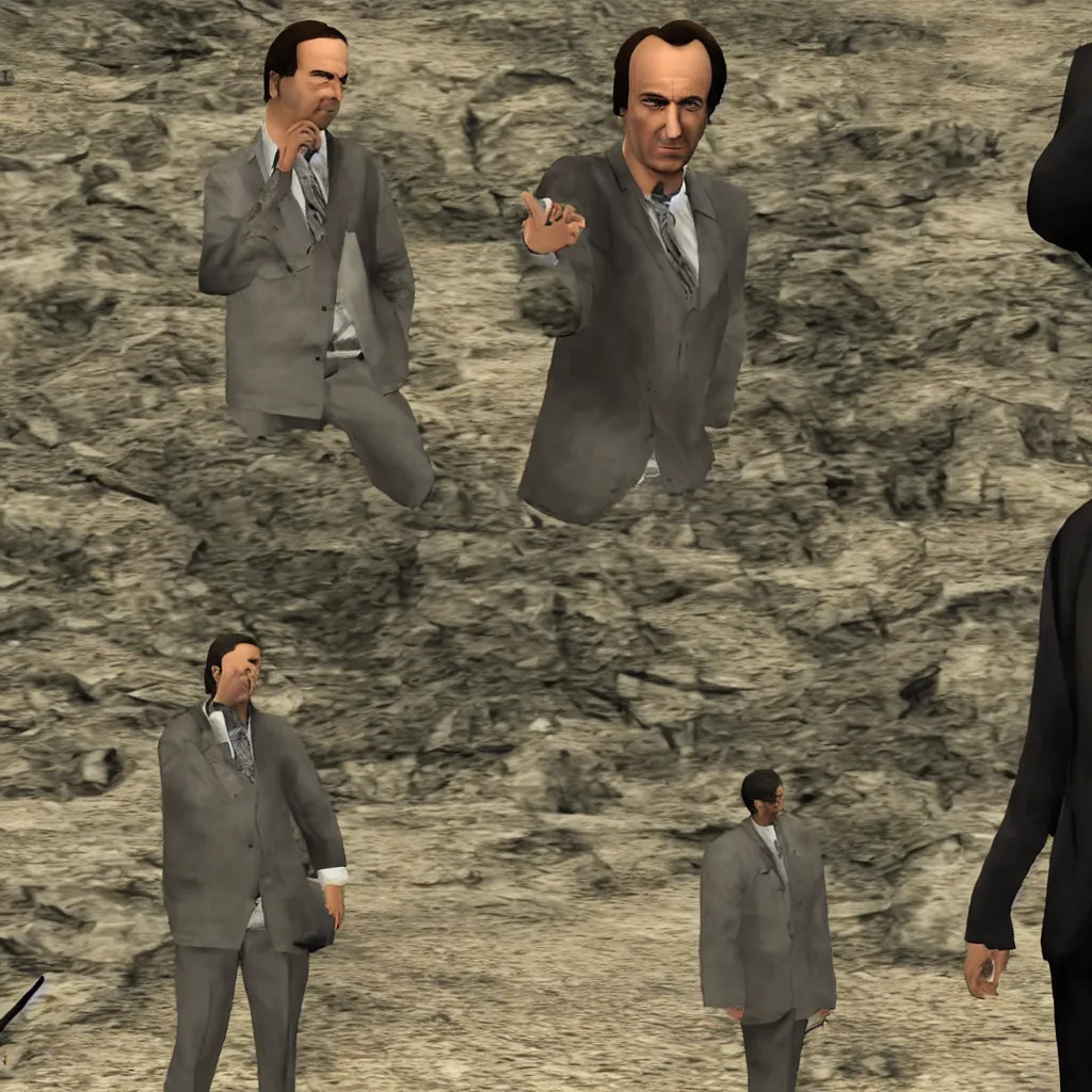 Prompt: Saul Goodman in a GTA San Andreas mission cutscene with CJ, game screenshot