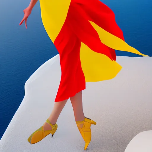 Image similar to beautiful modern dancer wearing a red, yellow, blue swirling dress, standing on a Santorini terrace looking down into the ocean, trending on artstation, cinematic, photorealistic