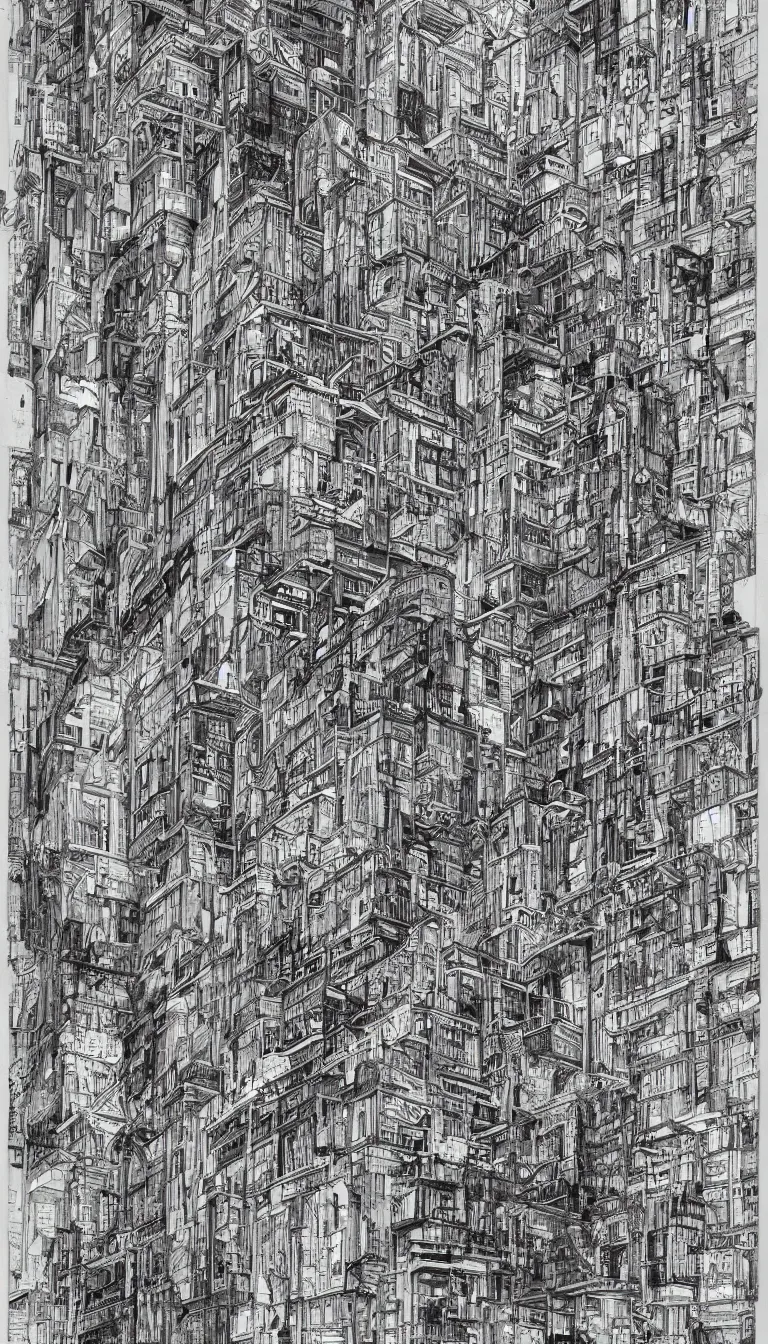 Image similar to a black and white drawing of a building, a detailed mixed media collage by hiroki tsukuda and eduardo paolozzi, intricate linework, sketchbook drawing, street art, polycount, deconstructivism, matte drawing, academic art, constructivism