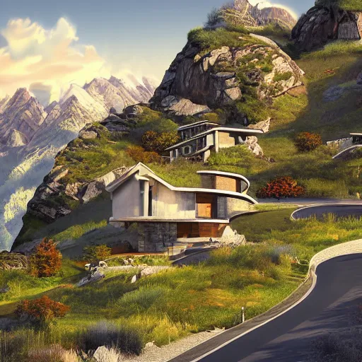 Prompt: alpine landscape with windy road and modern houses designed by frank lloyd wright scattered on the mountainsides, photo realism, dramatic lighting, high quality digital art, unreal engine, cinematic