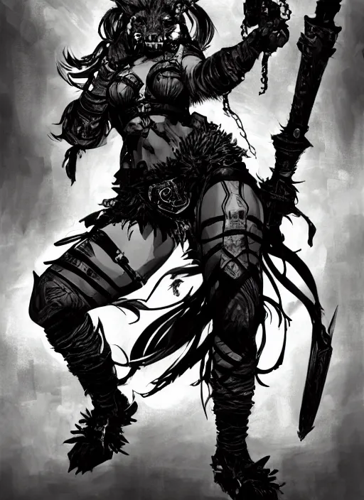 Image similar to Full body portrait of female gnoll mage wielding mystic powers. In style of Yoji Shinkawa and Hyung-tae Kim, trending on ArtStation, dark fantasy, great composition, concept art, highly detailed, dynamic pose.