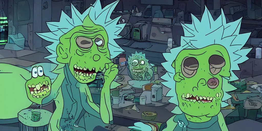 Image similar to Rick Sanchez after transforming into a Pickle Rick, terrified as his new body slowly breaks down into green goo, adult swim cartoon, 2d art