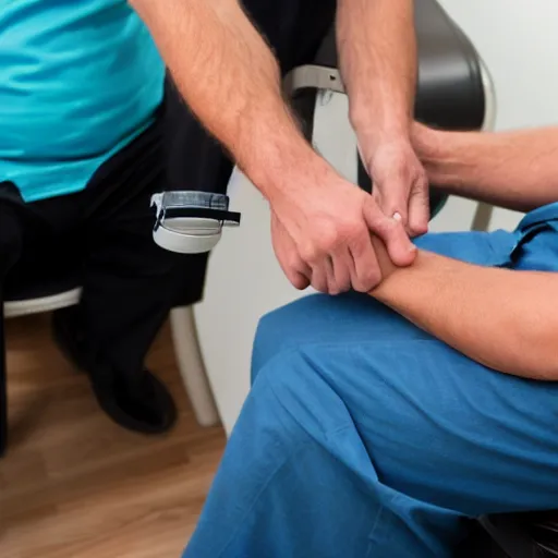 Prompt: a man sitting on a chair having his blood pressure measured by a doctor, color photo