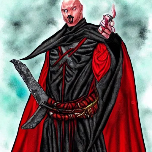 Prompt: d & d painting portrait necromancer man with bald head, red eyes, pallid skin, long flowing black and red robes. in style of larry elmore