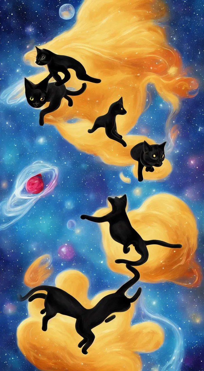 Image similar to black cat riding blond chiweenie through space, detailed, digital painting