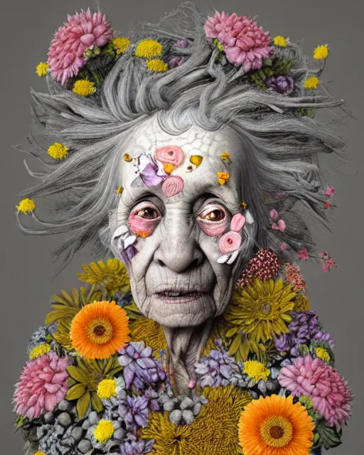 Image similar to a portrait of a fleshy old woman covered in flowers in the style of guiseppe arcimboldo and james jean, covered in wispy gray hair with a hint of neon, hd 3 d, highly detailed and intricate. centred in image.