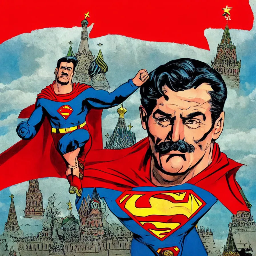 Image similar to epic comic book cover of stalin as superman floating over the red square ( moscow ), hammer and sickle, socialist realism, soviet nostalgia, sovietwave aesthetic, photorealistic, intricate digital art, trending artstation, artgem, rich moody colors, fan art, concept art, in the style of the red son, by cory walker and ryan ottley