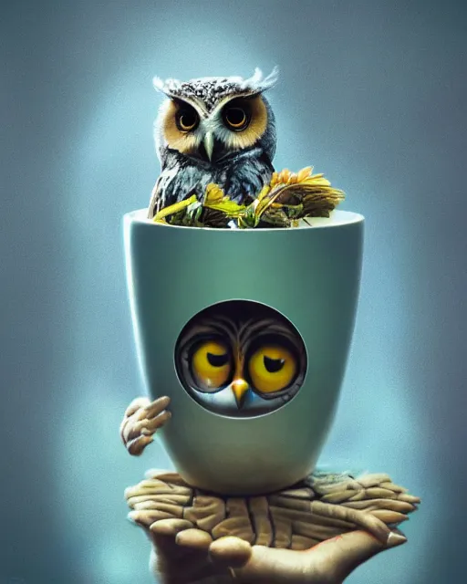 Image similar to long shot of a very cute owl chick nesting in a very futuristic cup, esao andrews, humorous illustration, hyperrealistic, big depth of field, warm colors, night scenery, low light, 3 d octane render, 4 k, conceptart, hyperdetailed, hyperrealistic, trending on artstation