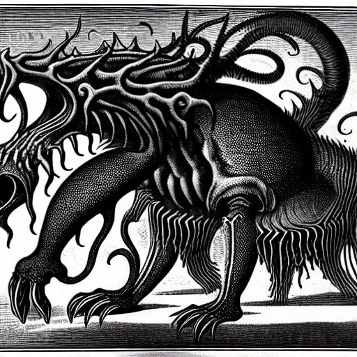 Image similar to bestiary of creatures from the depths of the unconscious psyche