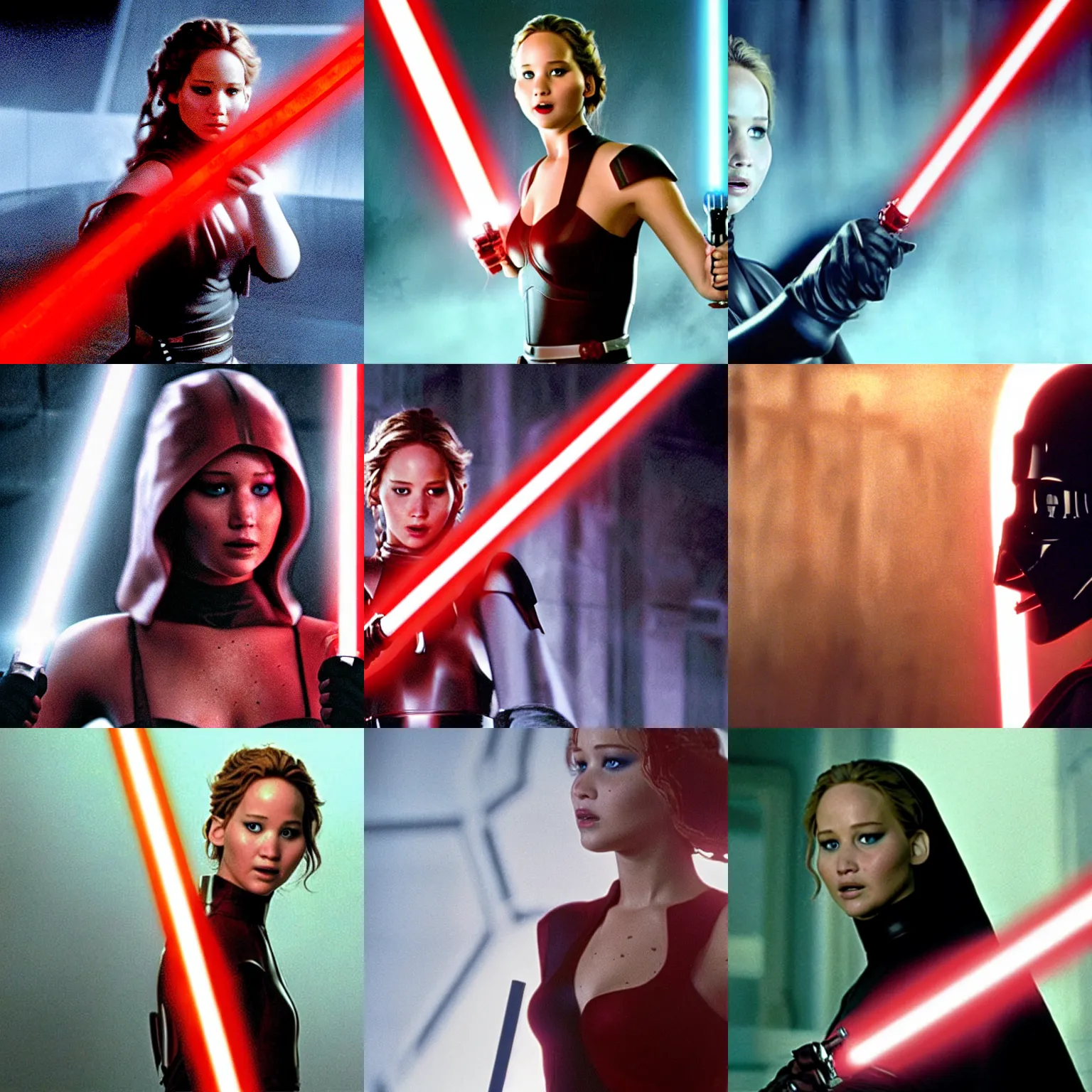 Prompt: Jennifer Lawrence as a Sith, holding a red double-bladed lightsaber, film still from Star Wars: Attack of the Clones