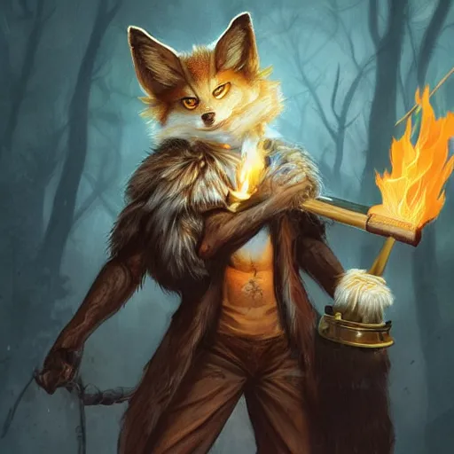 Image similar to male kitsune furry with dark fur, carries a tome, surrounded by floating fire orbs, shortsword, charismatic, young, dark clothing, elegant, digital illustration, detailed, intricate, sharp focus, digital painting, deep focus, digital painting, artstation, concept art, matte, art by artgerm and greg rutkowski and alphonse mucha