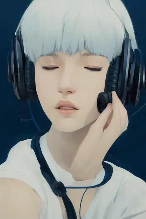 Prompt: a cute young woman listening to music with her eyes closed and wearing headphones in the style of Ilya Kuvshinov and Range Murata, white bob cut hair, blue filter, blue and white, soft lighting, atmospheric, cinematic, moody, oil on canvas by Krenz Cushart, 8k