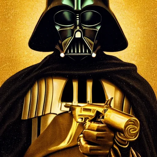 Prompt: gold bordered portrait of darth vader holding a golden ak - 4 7, hyper realistic, surreal, gothic, cyberpunk, nightcore, 4 k, highly detailed, beautifully rendered