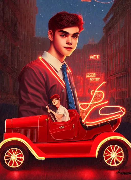 Image similar to teenage archie andrews, in a red ford model t, intricate, elegant, glowing lights, highly detailed, digital painting, artstation, sharp focus, illustration, art by wlop, mars ravelo and greg rutkowski