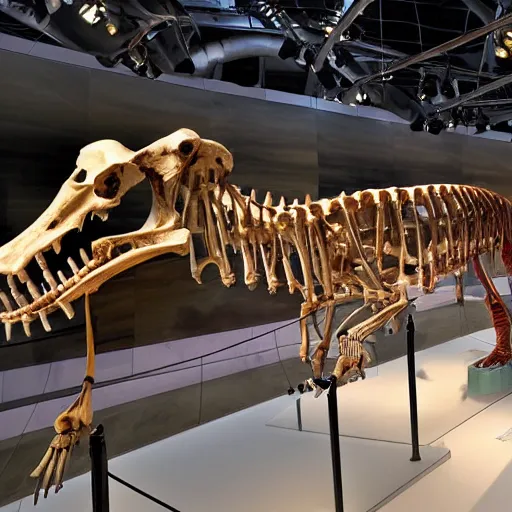 Prompt: the skeleton of a dachshund tyrannosaurus rex in a museum. Tourists are looking