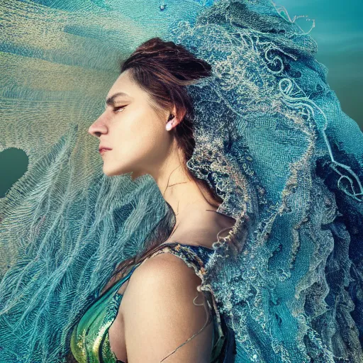 Prompt: a regal brown woman wearing an intricate and detailed armor made of blue and green ocean waves. waves crashing. ocean photography. layers. textures. delicate. translucent. studio portrait. photorealistic. octane render