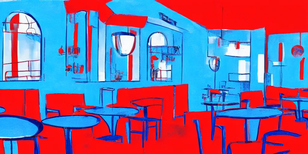 Prompt: cafe interior, blue and red tones, illustration