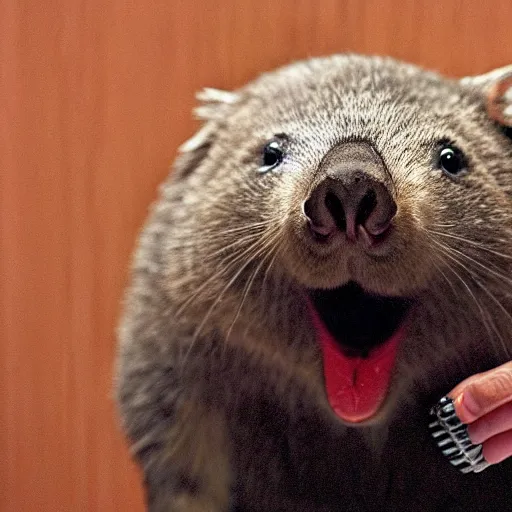 Prompt: a wombat singing at a karaoke, digital photo