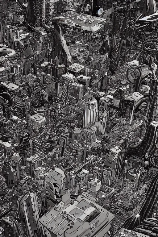 Image similar to gold and silver tones, cybernetic village on the outskirts of the universe, style of moebius, james jean, mcbess, cinematic, highly detailed, award winning, 8 k photorealistic