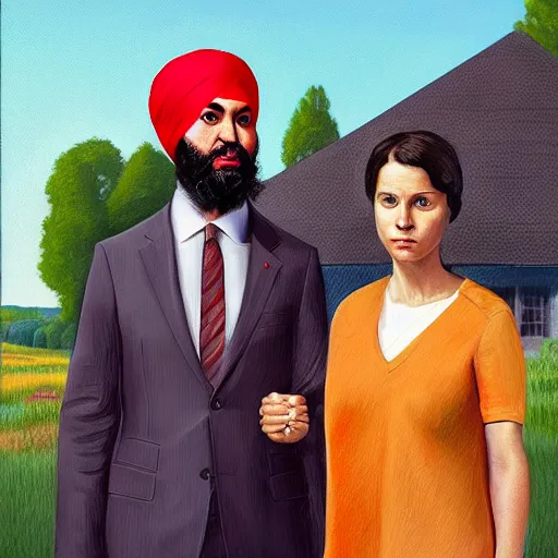 Image similar to Justin Trudeau beside Jagmeet Singh, pictured in the american gothic painting, concept art, sharp focus, highly detailed digital painting by Grant Wood, artstation