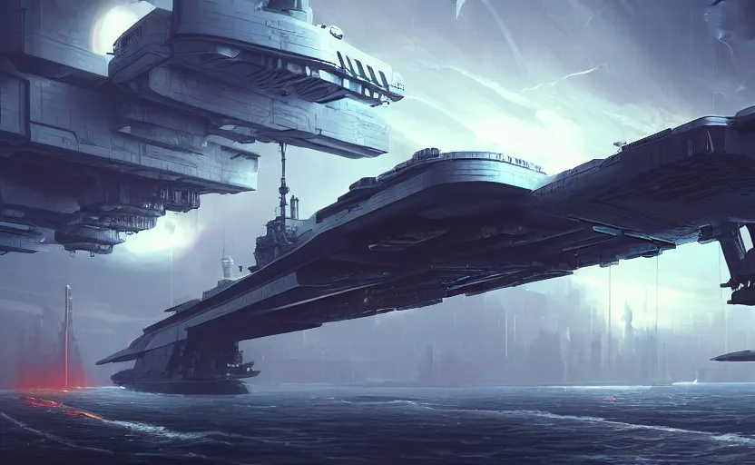 Image similar to cyberpunk aircraft carrier cargo ship strongly resembling industrial spaceship design concept art in space, by david levy, eve online, elite dangerous, artstation, film noir with ultra detailed, intricate, anime, dynamic lighting, digital art, digital painting, art station, wlop, sharp focus, illustration, art by artgerm and greg rutkowski and alphonse mucha