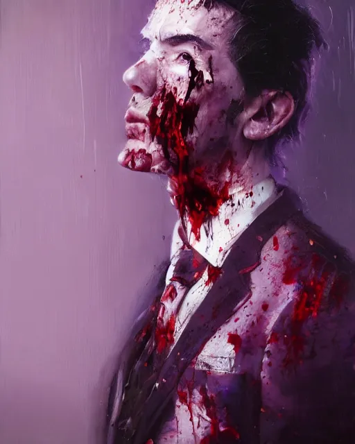 Image similar to A hyper realistic oil painting of a man in his twenties dressed in a purple suit, full height, clean shaven, insane looking face, messy hair, covered in blood, by Greg Rutkowski, trending on artstation, 4k, creepy lighting