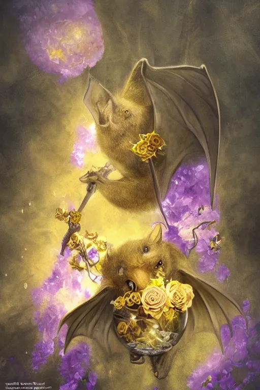 Prompt: breathtaking detailed soft painting of a bat, german romanticism, golden rose flowers floating around, amethyst stained glass, rembrandt style, volumetric lighting, concept art, matte, sharp focus, by celestialfang, matchach, juanmao, dustin panzino, trending on artstation