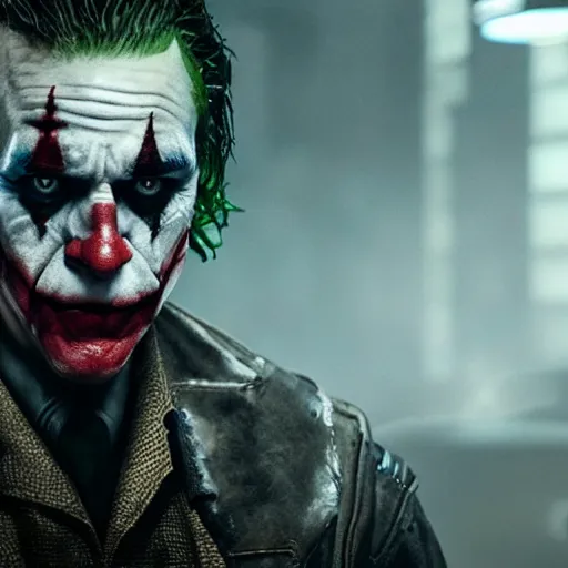 Image similar to the joker 2 0 1 9 in gears of war, splash art, movie still, detailed face, photorealistic facial features, cinematic lighting, dramatic, octane render, long lens, shallow depth of field, bokeh, anamorphic lens flare, 8 k, hyper detailed, 3 5 mm film grain