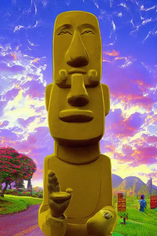 Prompt: god pub gold moai statue popart slap face caricature cartoon graffity digital artstation bill cipher and simpson family colorful vibrant beeple, by thomas kinkade