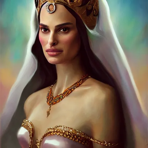 Image similar to a portrait of a woman who looks like a mix of natalie portman and margot robbie as an arabian princess in a disney movie, crown!! oil painting, pale colors, high detail, 8 k, wide angle, trending on artstation,