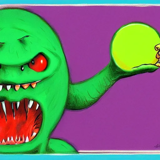 Image similar to a screaming tennis ball monsters, startled surprised face, colorful, digital art, fantasy, magic, chalk, trending on artstation, ultra detailed, professional illustration by basil gogos