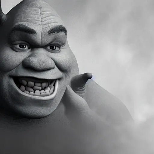 Image similar to shrek as the villain in horror movie, still, photorealism, mist, fog, award wnning lighting photograph