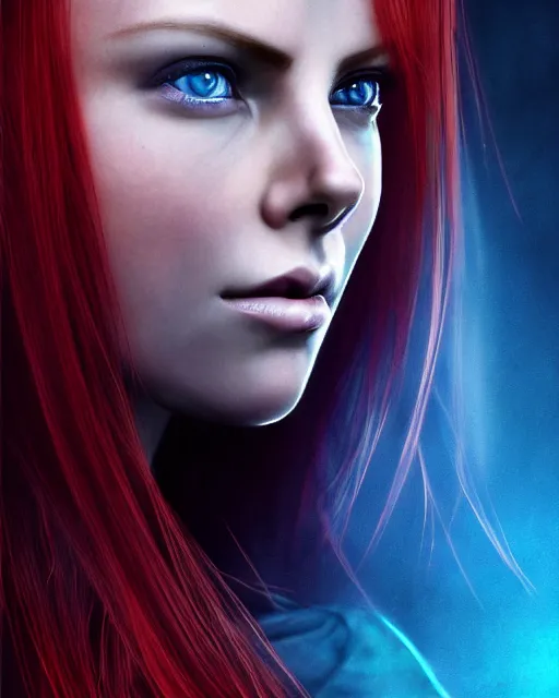 Prompt: perfect red haired attractive goddess with blue eyes, beautiful, symmetric, dreamy, pretty face, charlize theron, detailed, scifi platform, laboratory, experiment, 4 k, ultra realistic, epic lighting, illuminated, cinematic, masterpiece, art by sakimi chan