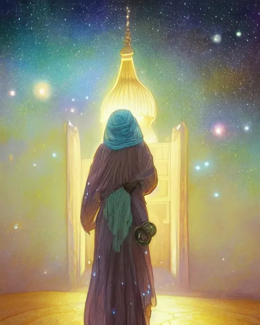 Image similar to bedouin child praying in galaxy walking towards mosque surrounded by nebula, highly detailed, gold filigree, romantic storybook fantasy, soft cinematic lighting, award, disney concept art watercolor illustration by mandy jurgens and alphonse mucha and alena aenami, pastel color palette, featured on artstation