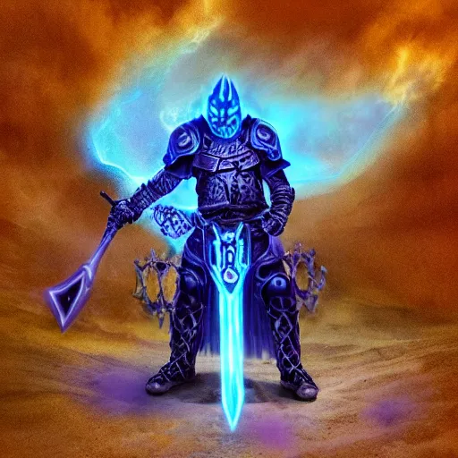 Image similar to death knight wearing a worn armor carved with death runes that emit a purple glow of energy, dual wielding a large sword carved with rings that emit an electric blue glowing smoke, he is walking along the valley of the forgotten