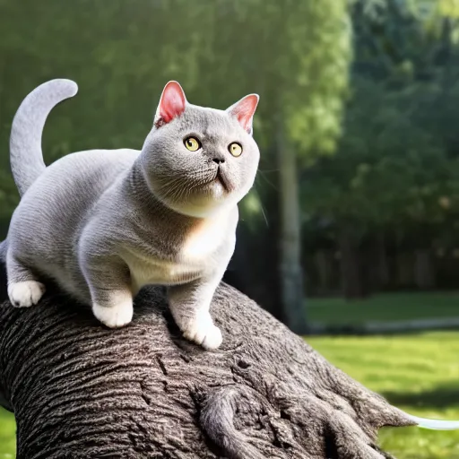 Prompt: photorealistic photo of a British Shorthair cat. climbing a tree. Chasing a squirrel. Long shot. Super realistic.