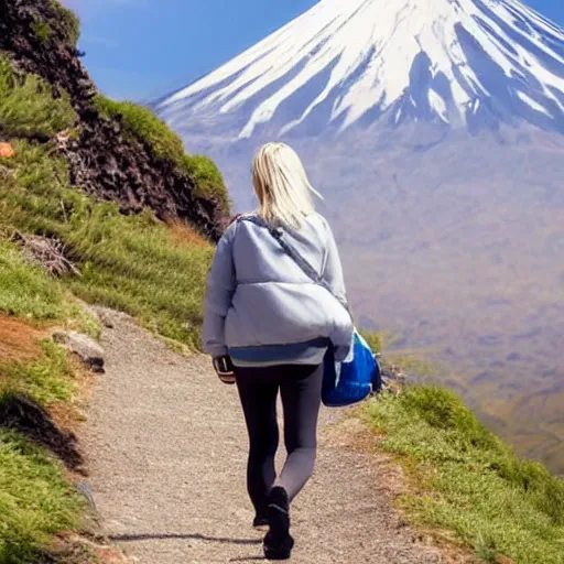 Image similar to a beautiful silver hair young woman walking up Mount Fuji in the style of studio ghibli