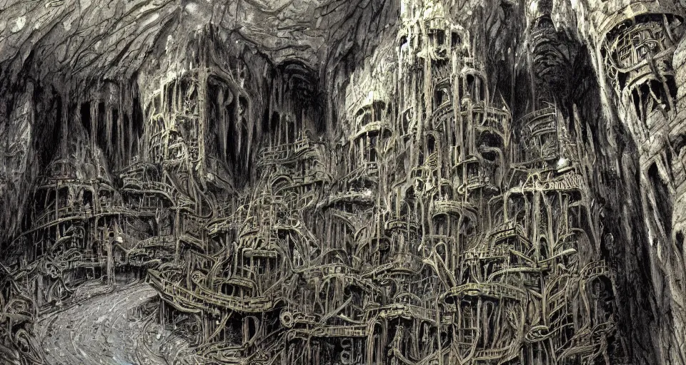 Image similar to Masterfully drawn mspaint art piece of middle-earth's 'Mines of Moria' by James Gurney. View from underground within ancient dwarven mining equipment and architecture. Amazing beautiful incredible wow awe-inspiring fantastic masterpiece gorgeous fascinating glorious great.