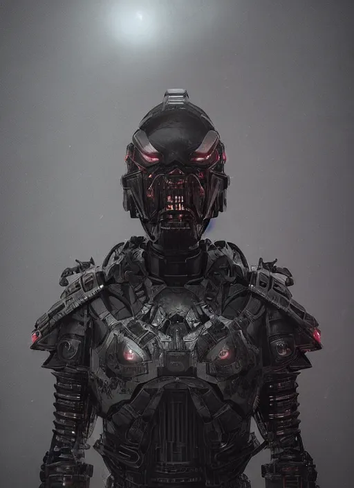 Prompt: a dark sci - fi horror portrait of a shadow samurai wearing futuristic sci fi armor made of metal plates, cinematic lighting, smooth, high detail, dark fantasy, ominous, unreal engine, by vitaly bulgarov artstation, golden rule, fog volumes, misty, light bloom, amazing depth, cgsociety, 8 k