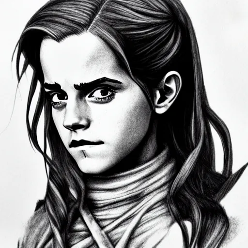 Image similar to emma watson in a demon slayer manga pencil, pencil and vine charcoal drawing, on medium grade paper, indian ink, variable lineart, grayscale, manga tones, detailed, set in hell, threatening an oompa loompa, hyper realistic, manga