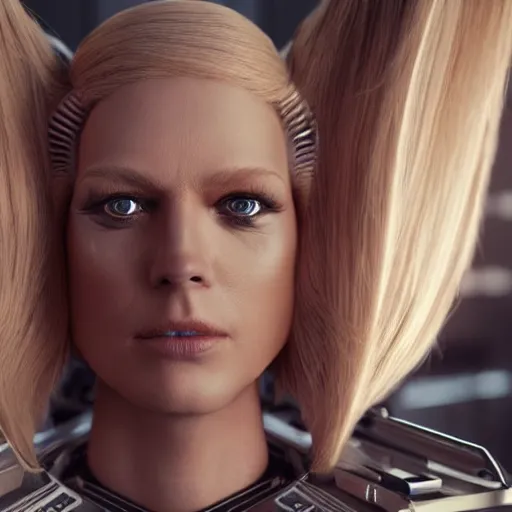 Prompt: wide angle shot of a very pretty blond borg queen on a borg ship, cybernetic implants, perfect face, symmetrical face, moody lighting, shallow depth of field, 8 k, ultra realistic,